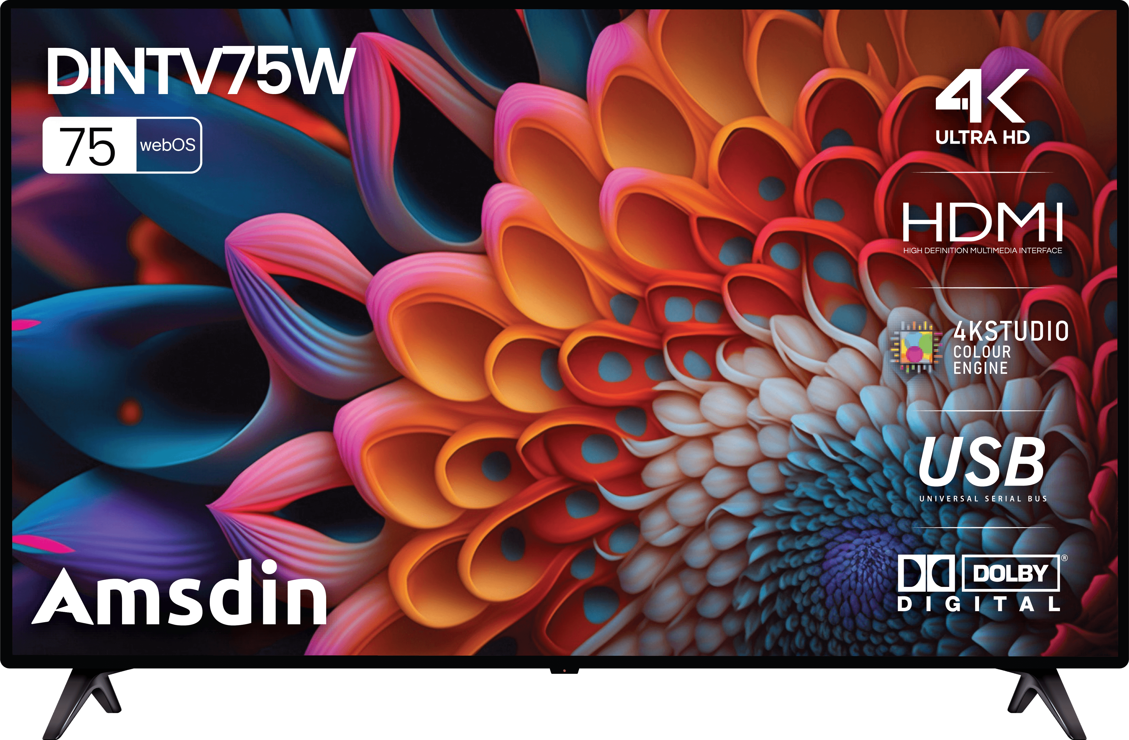 AMSDIN 75 Inch 4K Smart LED TV with webOS | Sleek Design and Stunning Ultra HD Display